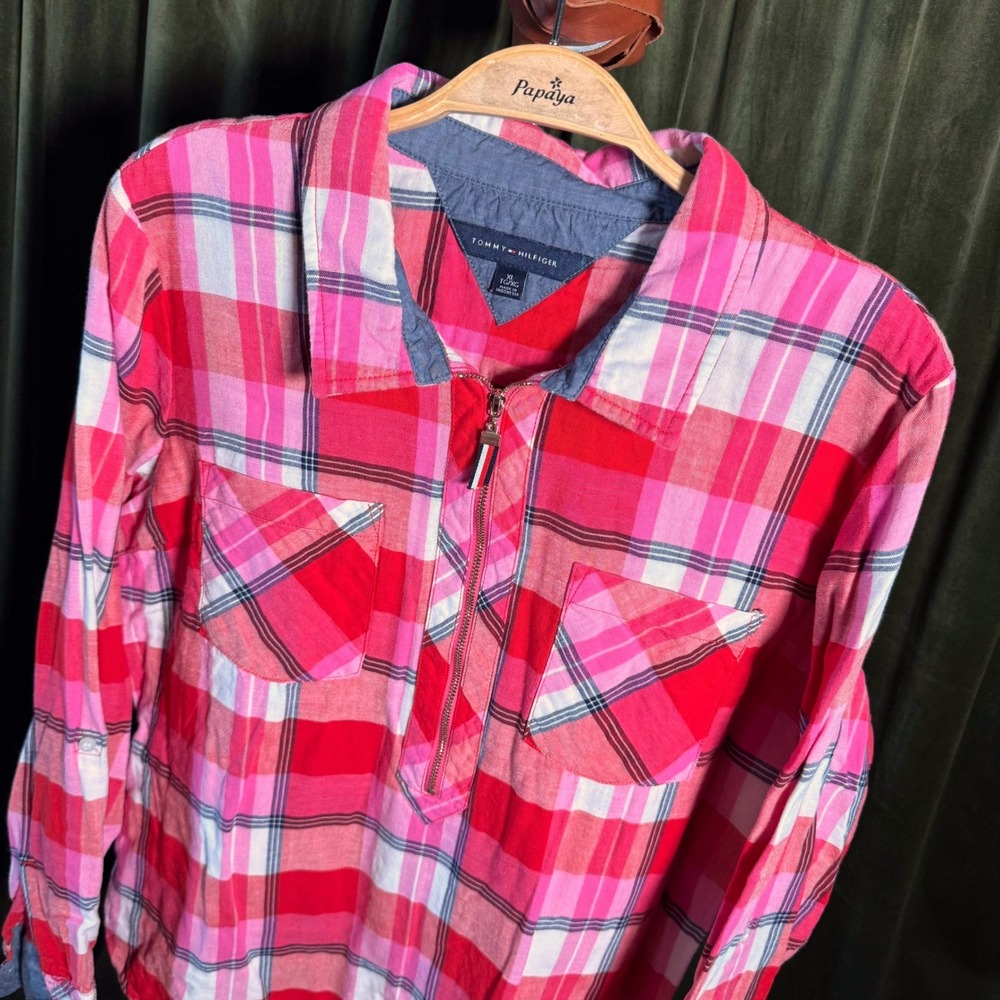 Tommy Hilfiger Pink Red Plaid Quarter Zip Pullover Shirt XL Roll Tab Sleeve